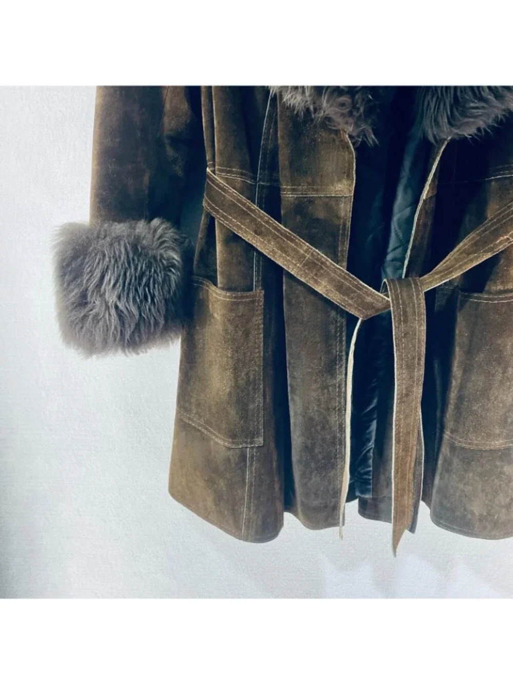 Vintage y2k Jacket Womens S Brown Suede Faux Fur Trim Belted Spain